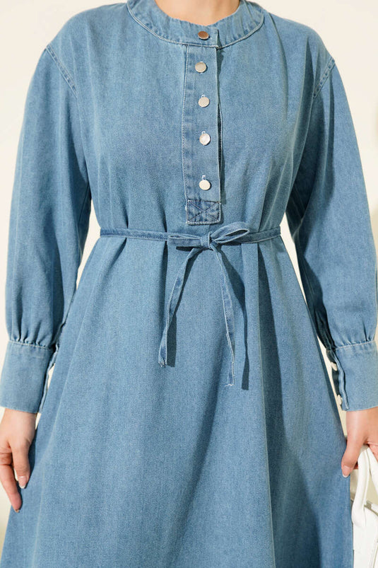 Denim Dress with Half Metal Button Collar Denim Blue