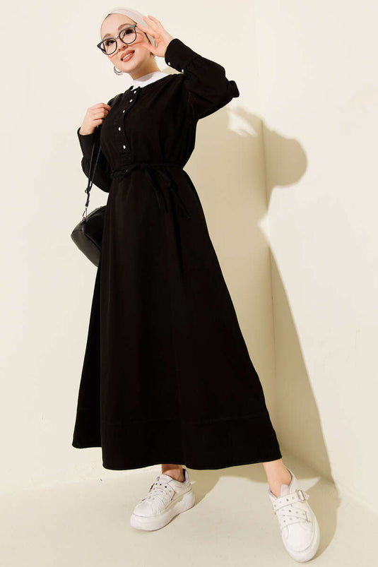 Jeanskleid mit halbem Metallknopfkragen Schwarz