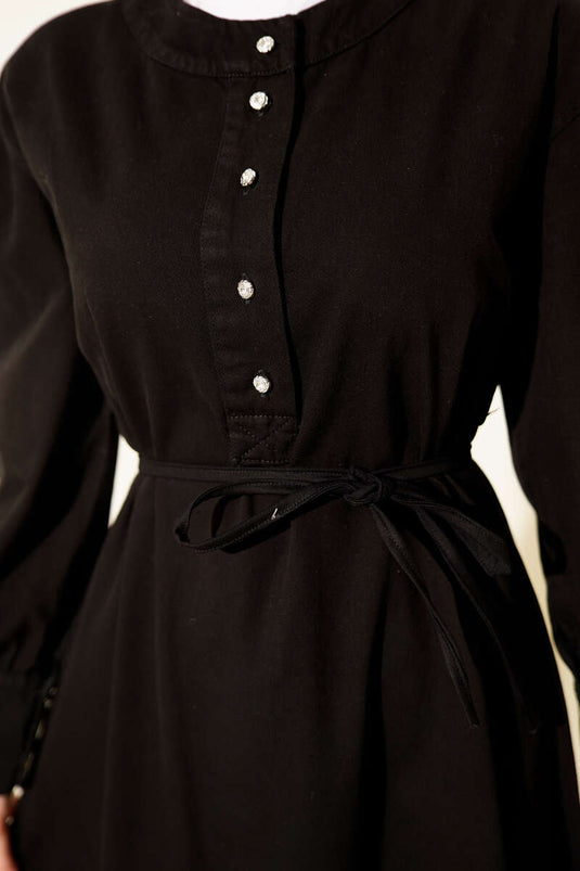 Jeanskleid mit halbem Metallknopfkragen Schwarz