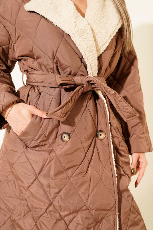 Wool-Trimmed Belted Coat, Brown