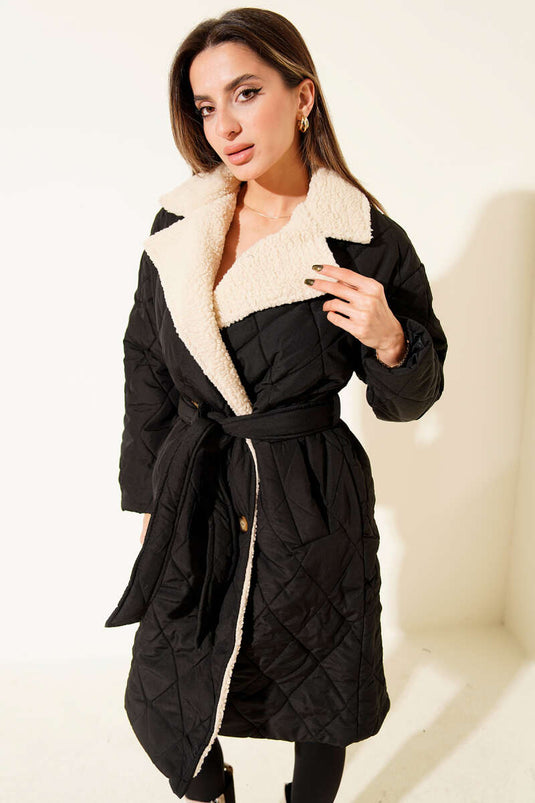 Yakası Yünlü Kuşaklı Mont Siyah