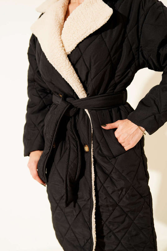 Yakası Yünlü Kuşaklı Mont Siyah