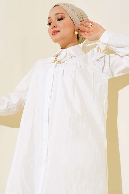 Yakası Zincirli Manşet Bağcıklı Gömlek Ekru