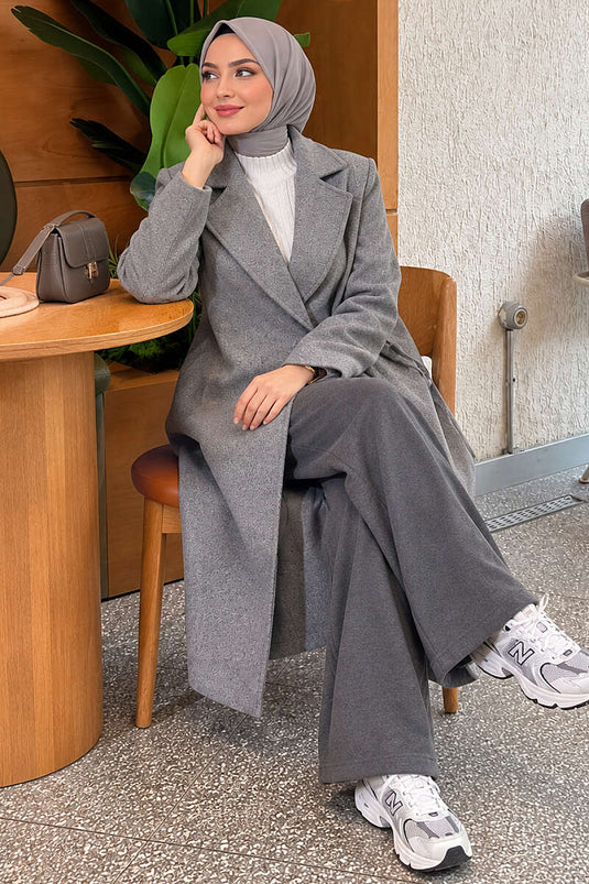Yan Bağcıklı Kaşe Kaban Melanj Gri