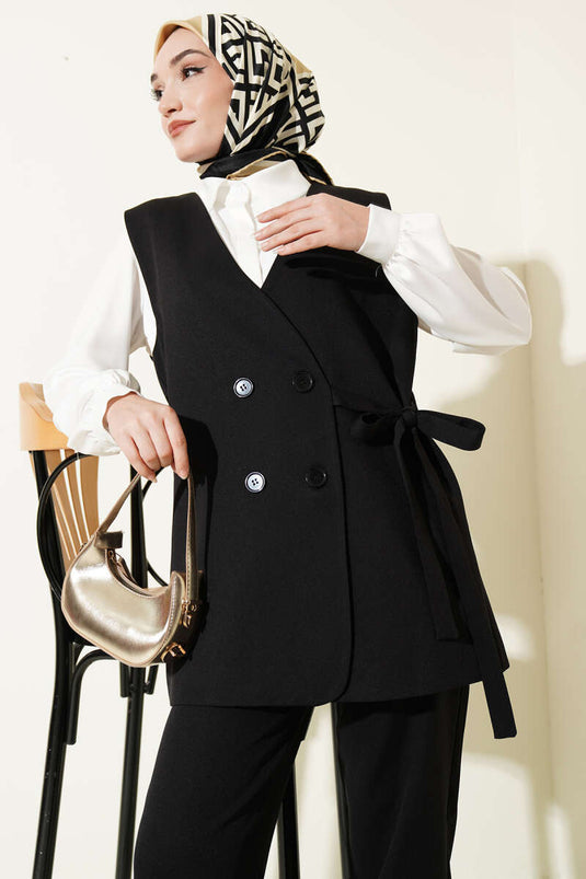 Two-Piece Set with Tie-Detail Vest Black