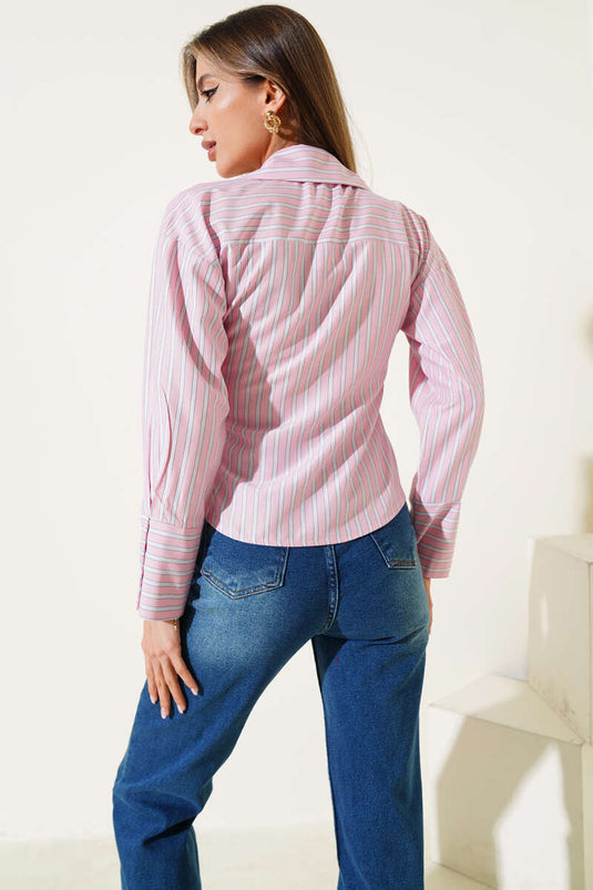 قميص قصير مخطط مزدوج برباط جانبي، وردي