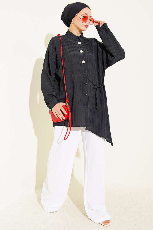 Chemise À Rayures Verticales Noire À Nœud