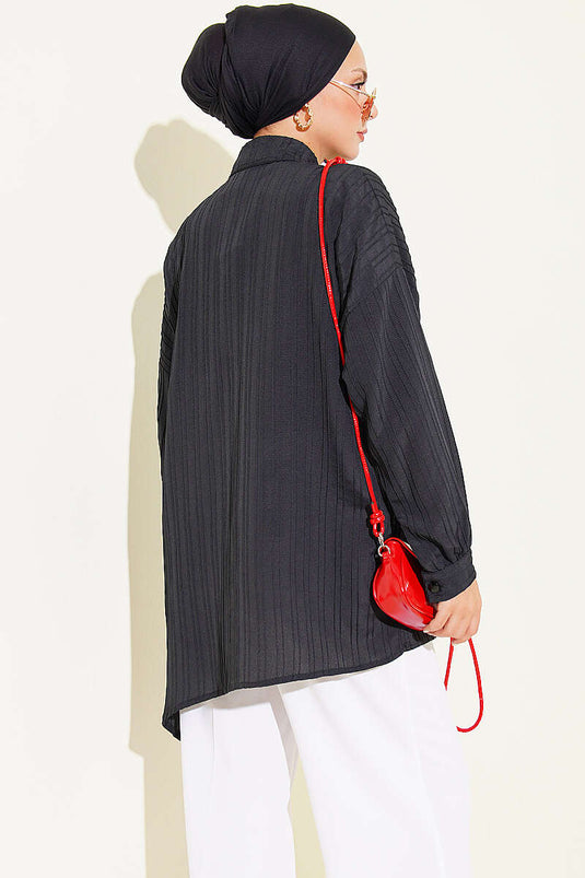 Chemise À Rayures Verticales Noire À Nœud