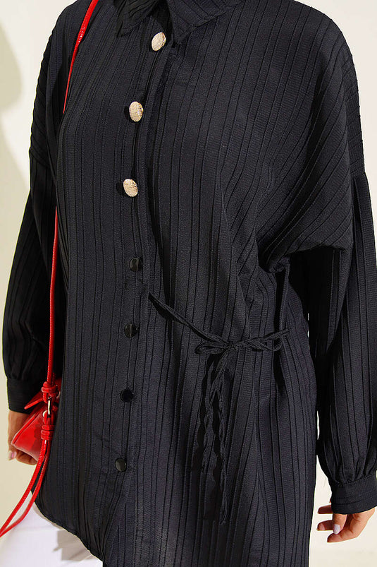 Chemise À Rayures Verticales Noire À Nœud