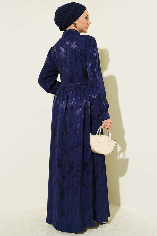 Robe jacquard bleu marine à boutons avec lien au cou