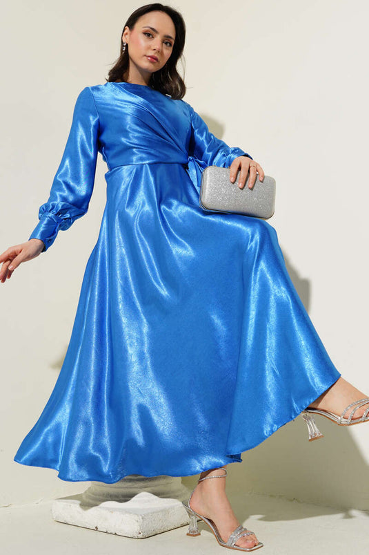 Side Tie Jacquard Dress in Saxe