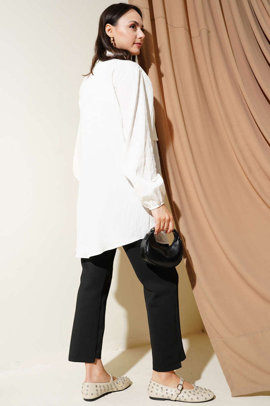 Yan Bağlamalı Kabartma Çizgili Gömlek Beyaz