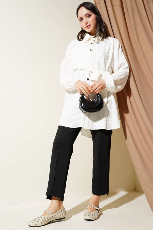 Yan Bağlamalı Kabartma Çizgili Gömlek Beyaz