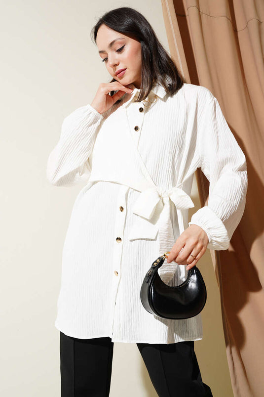 Side Tie Embossed Striped Shirt White