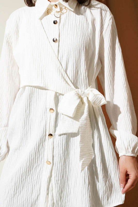 Side Tie Embossed Striped Shirt White