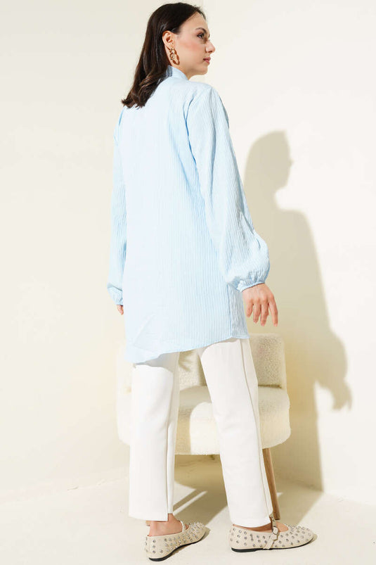 Yan Bağlamalı Kabartma Çizgili Gömlek Mavi