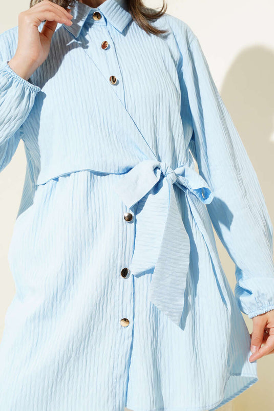 Side Tie Embossed Striped Shirt Blue