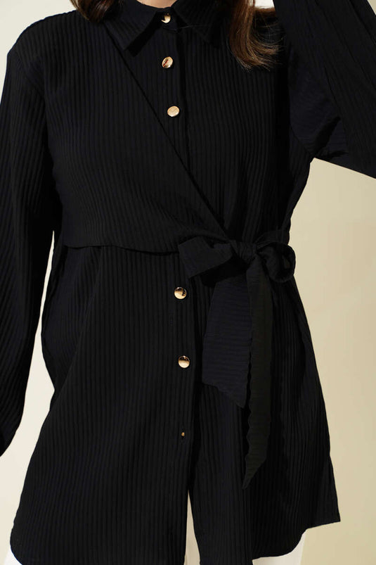 Side Tie Embossed Striped Shirt Black