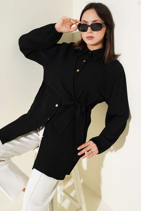 Side Tie Embossed Striped Shirt Black