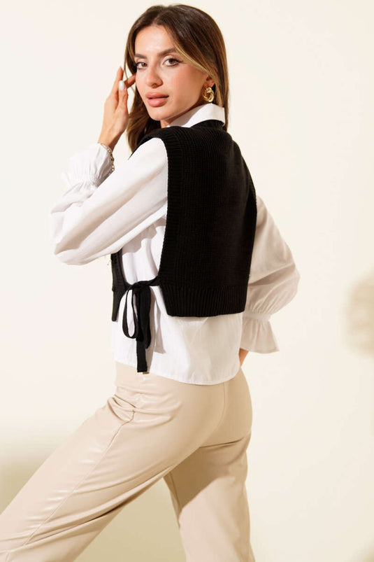 Side-Tie Embossed Knit Sweater, Black