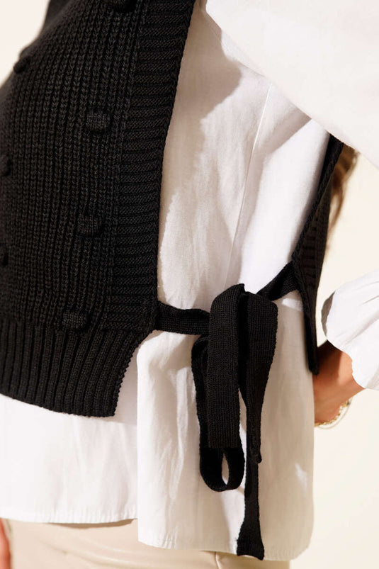 Side-Tie Embossed Knit Sweater, Black