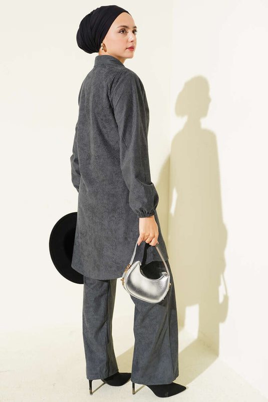 Zweiteiliges Cord-Set mit seitlichen Bindebändern, Rauchgrau