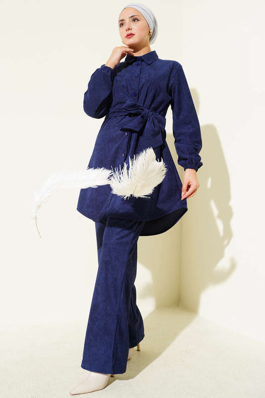 Ensemble deux pièces en velours côtelé à nouer sur le côté, bleu marine