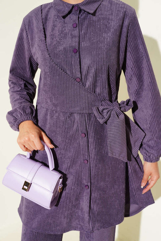 Ensemble deux pièces en velours côtelé lilas à nouer sur le côté
