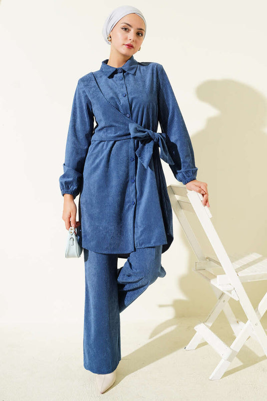 Zweiteiliges Cord-Set mit seitlichen Bindebändern, Blau