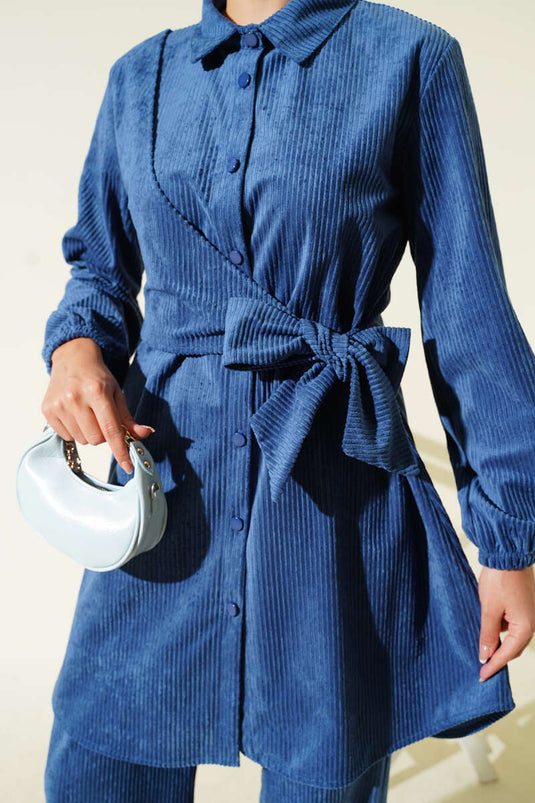Ensemble deux pièces en velours côtelé à nouer sur le côté, bleu