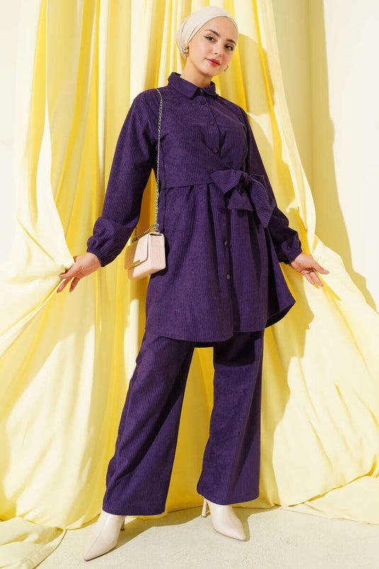 Ensemble deux pièces en velours côtelé violet à nouer sur le côté