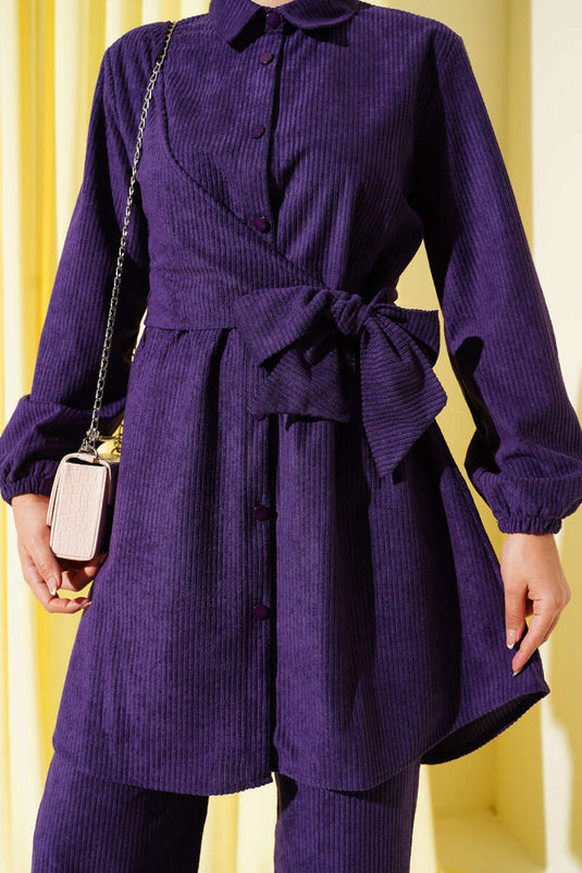 Ensemble deux pièces en velours côtelé violet à nouer sur le côté