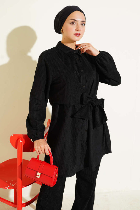 طقم من قطعتين من قماش الكوردروي برباط جانبي، أسود