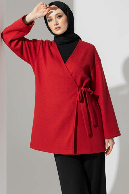 سترة كشمير برباط جانبي باللون الأحمر