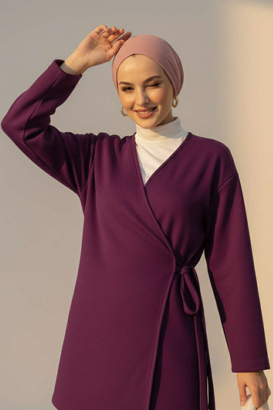 Veste en cachemire à nouer sur le côté violette