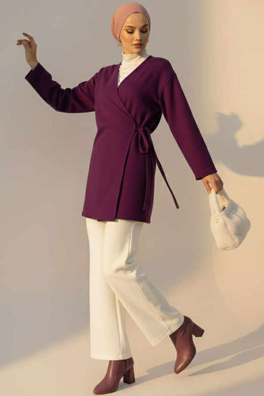 Veste en cachemire à nouer sur le côté violette