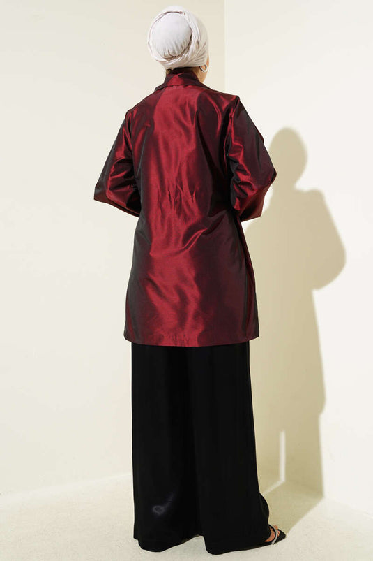 Yan Bağlamalı Parlak Tafta Ceket Bordo