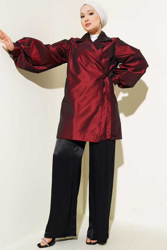 Yan Bağlamalı Parlak Tafta Ceket Bordo