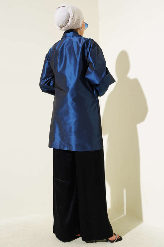 Yan Bağlamalı Parlak Tafta Ceket Lacivert