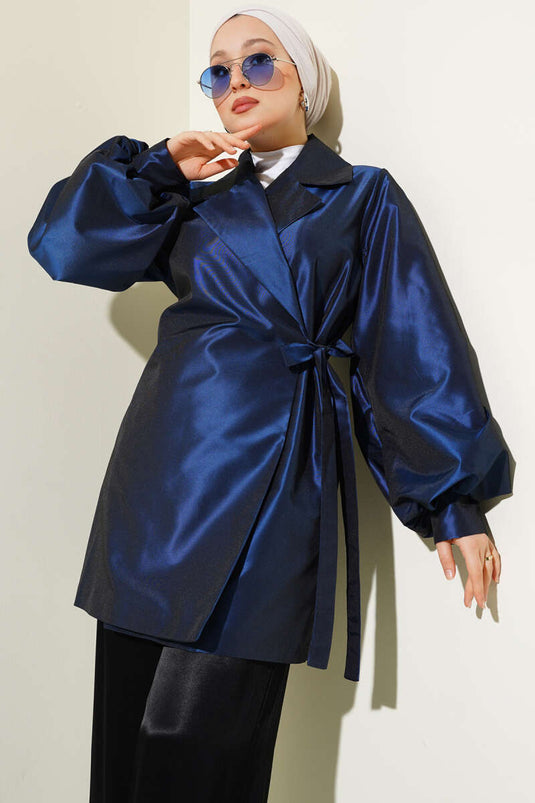 Yan Bağlamalı Parlak Tafta Ceket Lacivert
