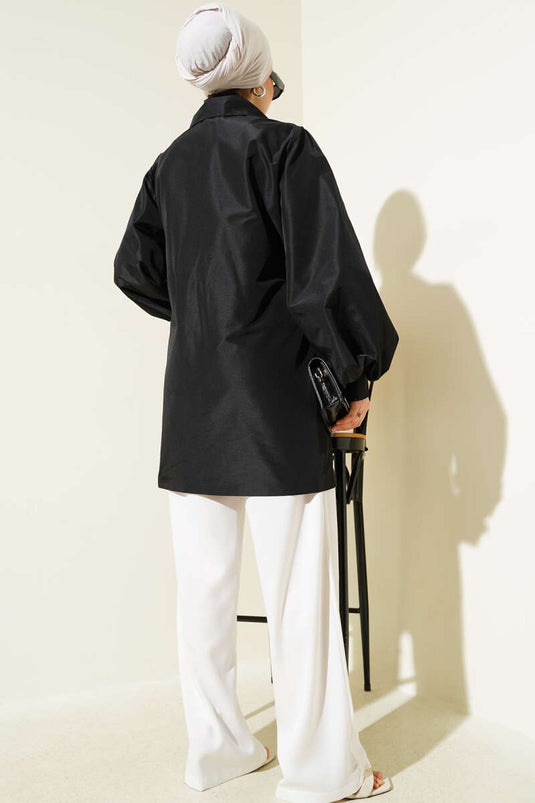 Yan Bağlamalı Parlak Tafta Ceket Siyah