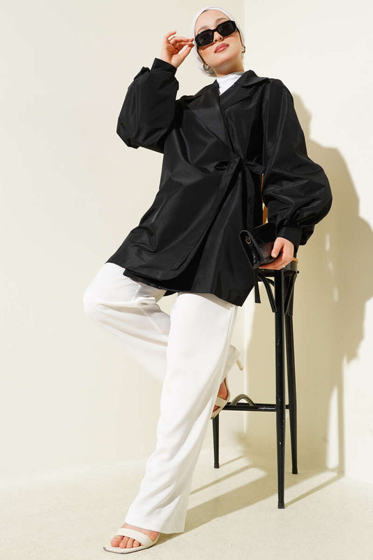 Yan Bağlamalı Parlak Tafta Ceket Siyah