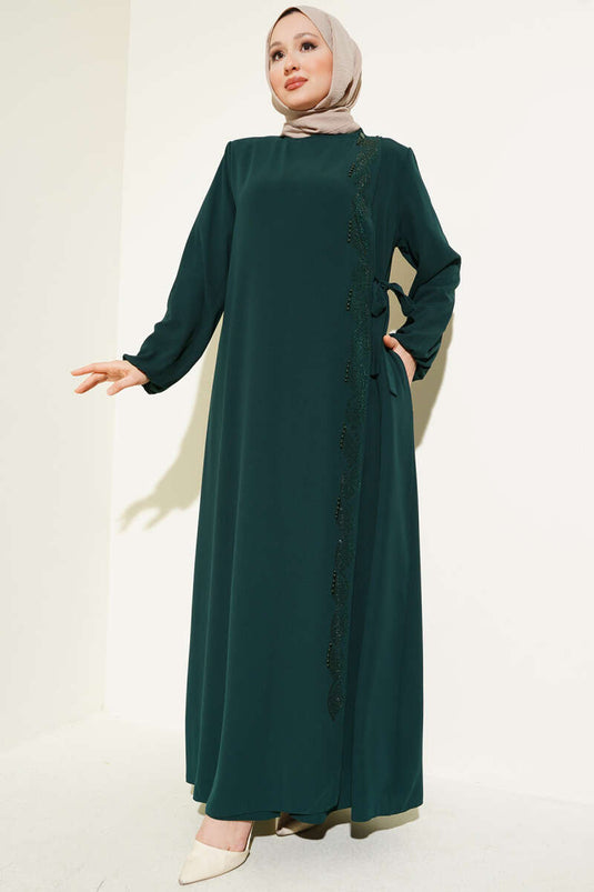 Seitlich gebundene, mit Steinen besetzte Abaya in Übergröße in Smaragdgrün