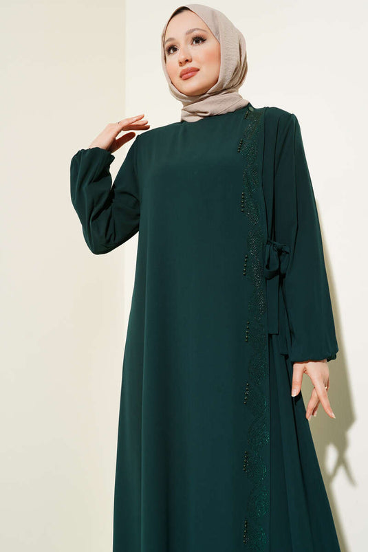 Seitlich gebundene, mit Steinen besetzte Abaya in Übergröße in Smaragdgrün