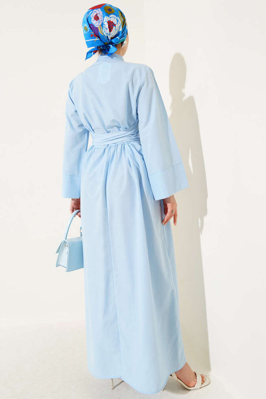 Yan Bağlamalı Yarım Çapraz Düğmeli Elbise Bebe Mavi