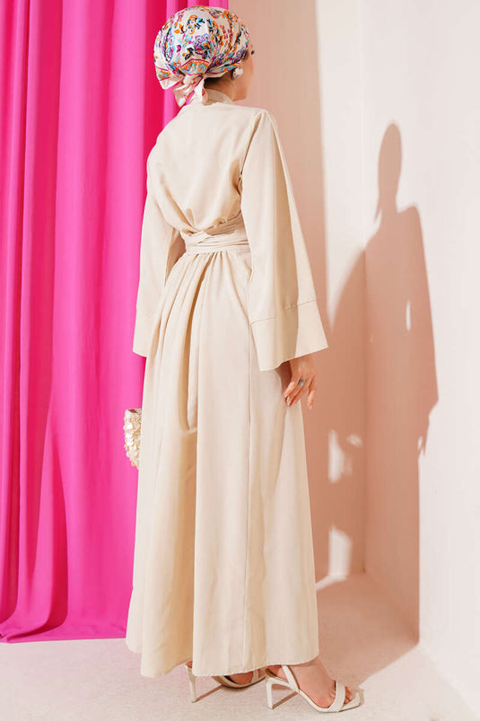 Yan Bağlamalı Yarım Çapraz Düğmeli Elbise Bej
