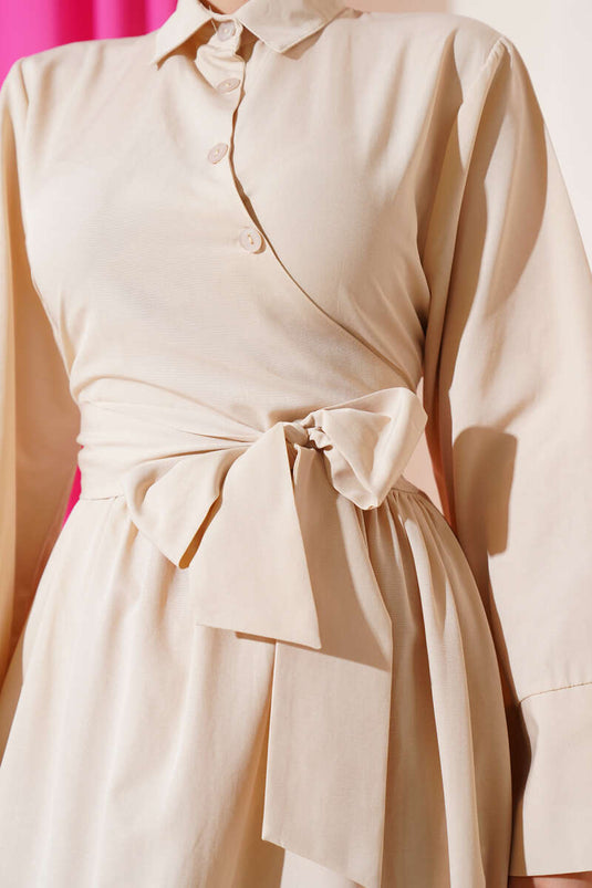 Yan Bağlamalı Yarım Çapraz Düğmeli Elbise Bej