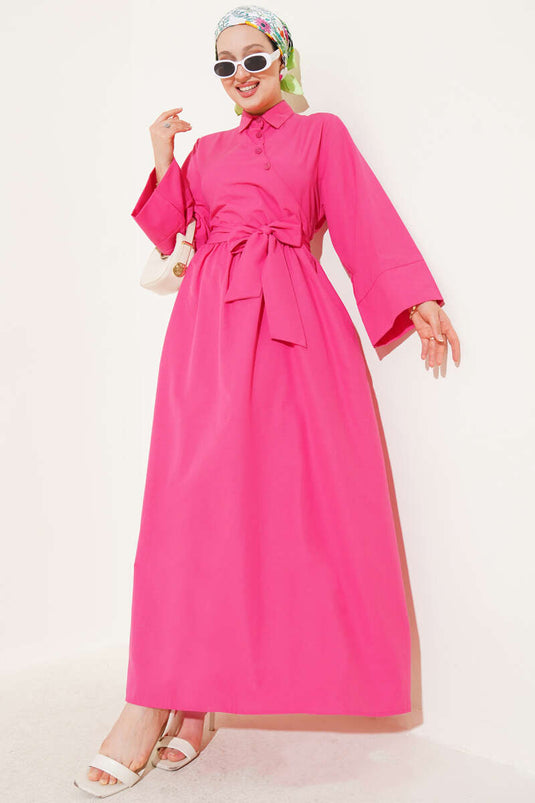 Yan Bağlamalı Yarım Çapraz Düğmeli Elbise Fuşya