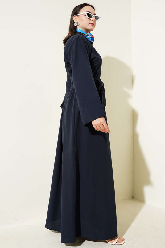 Side Tie Half Cross Button Dress Navy Blue