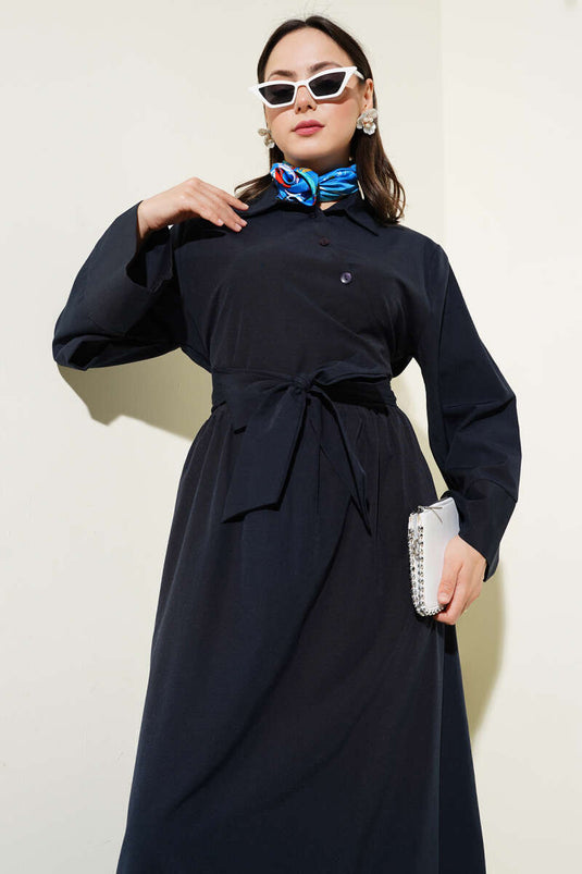 Side Tie Half Cross Button Dress Navy Blue